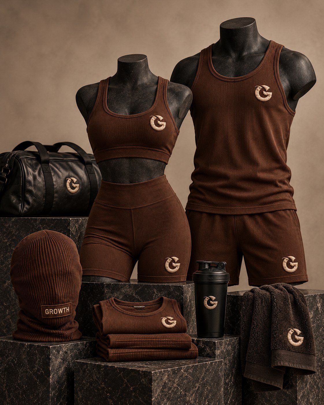 Cocoa capsule still life: the GROWTH mask, folded tanks, shaker, towel and duffel on black stone, with mannequins in the rib set and tank