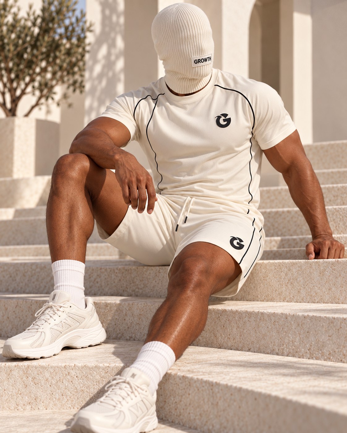 Masked figure seated in the raglan tee and piped short