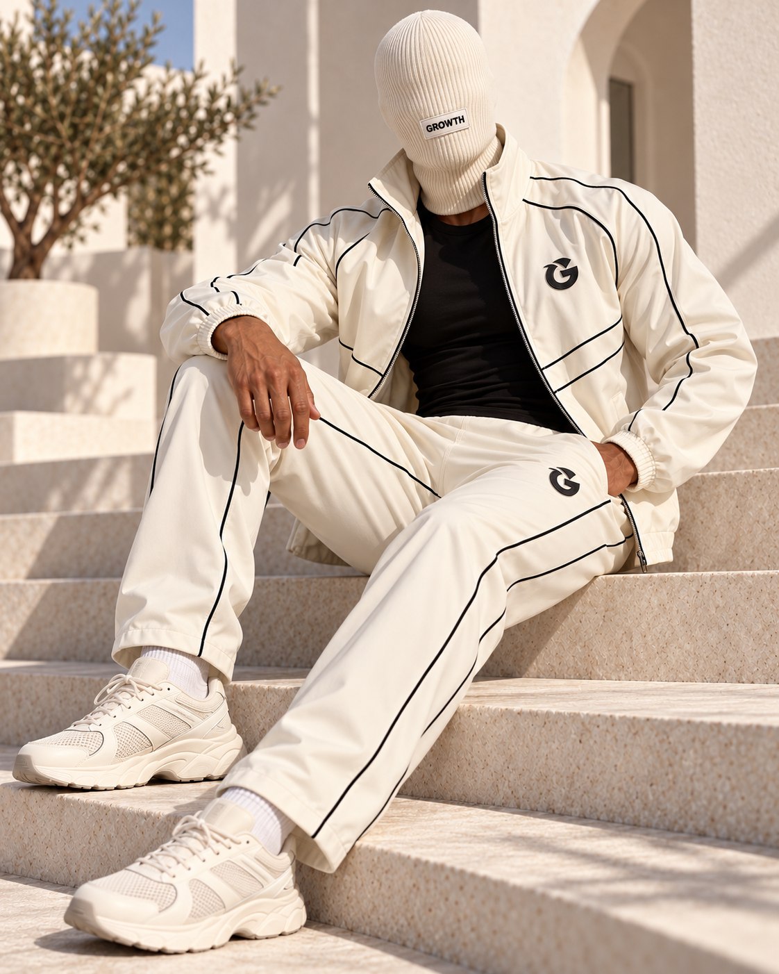 Masked figure seated in the ivory Apex track jacket and pant
