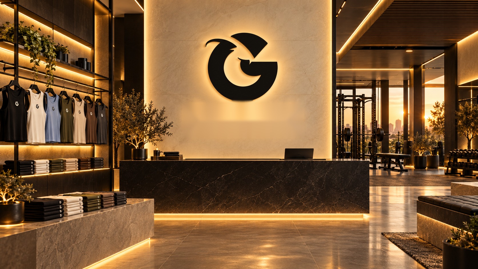 Concept for the GDNA flagship: the black G backlit in gold on a cream stone wall above a black marble desk